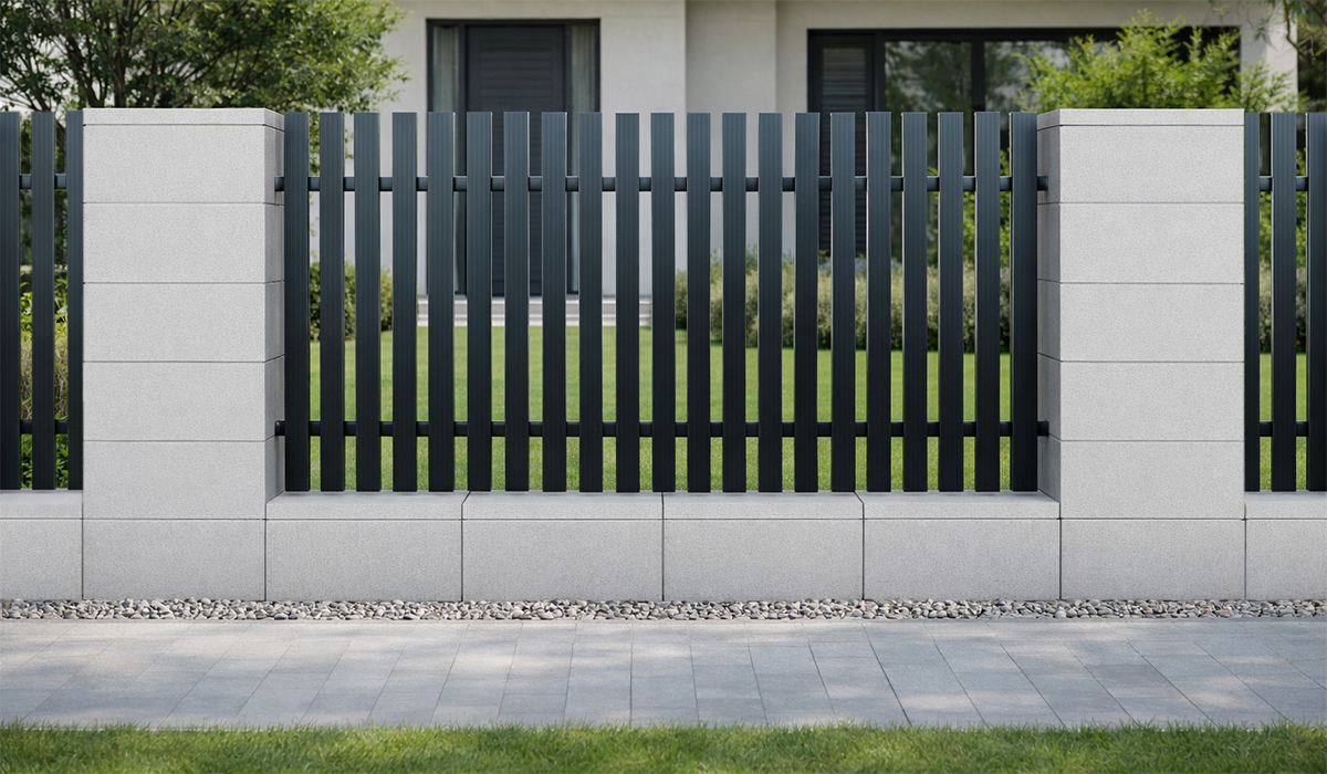 Moderner Palisadenzaun mit vertikalen Profilen
